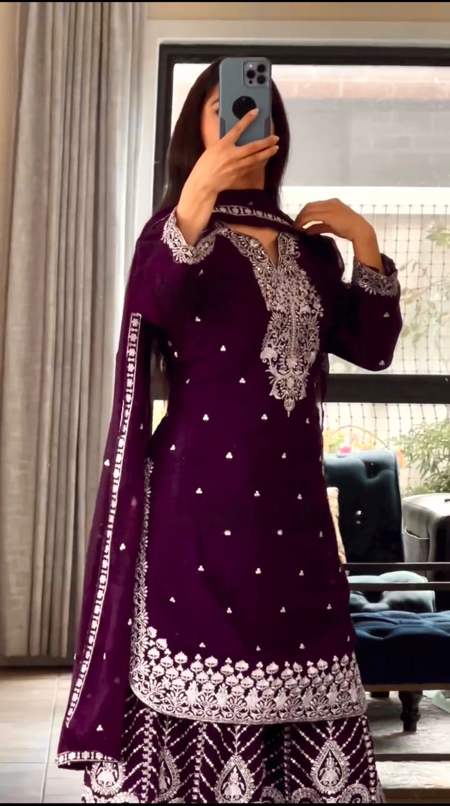 Close-up of Royal Plum Pure Heavy Chinnon Silk embroidered suit showcasing neckline and embroidery