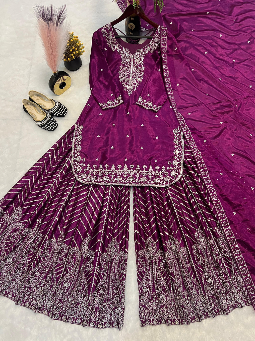 Royal Plum Pure Heavy Chinnon Silk embroidered suit, sharara and dupatta flat lay