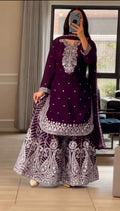 Women's Royal Plum Pure Heavy Chinnon Silk embroidered sharara suit front angle