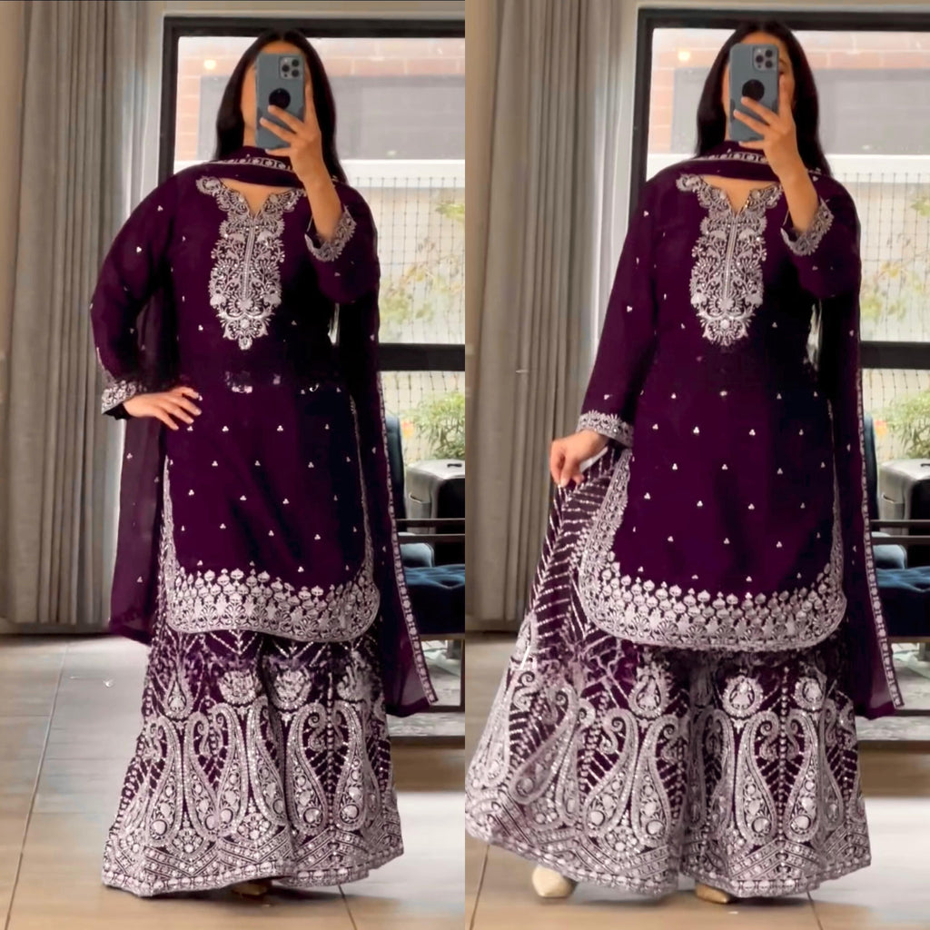 Women's Royal Plum Pure Heavy Chinnon Silk embroidered sharara suit set with dupatta front view