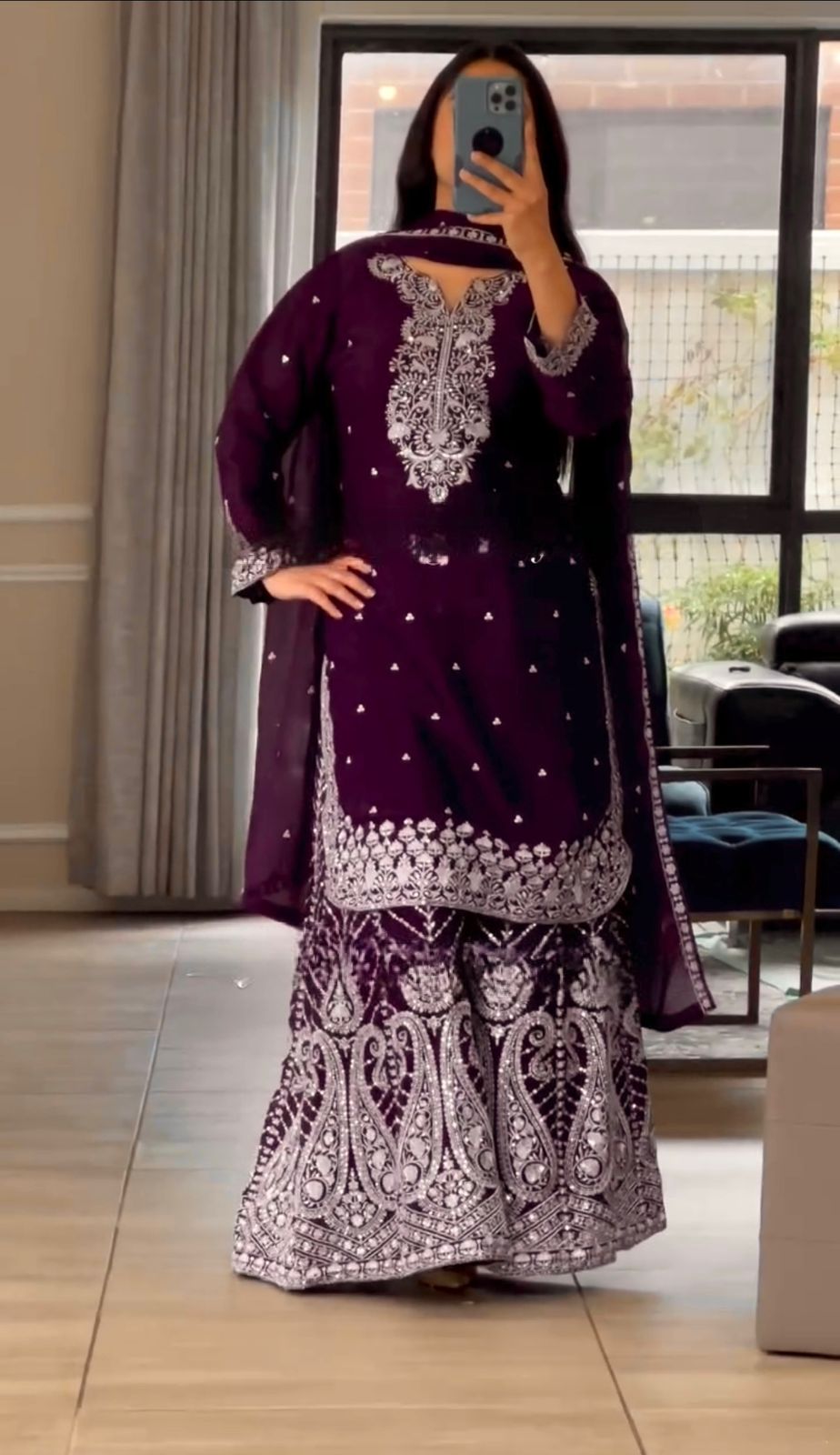 Women's Royal Plum embroidered Chinnon Silk sharara suit with fancy embroidered borders