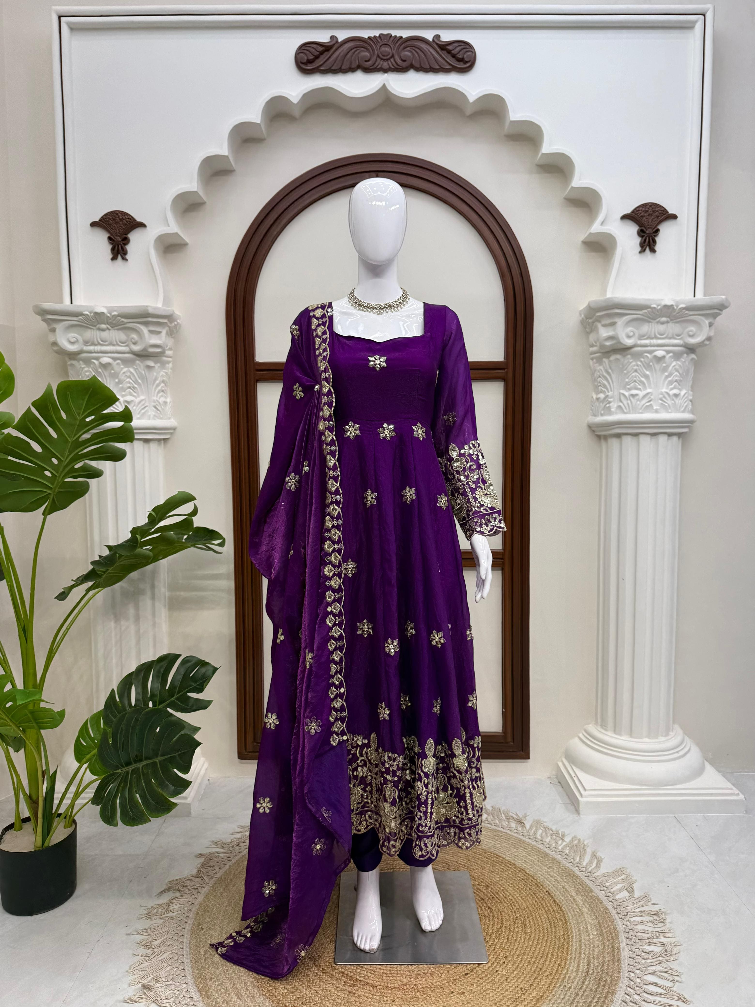 Royal Purple embroidered Anarkali suit set with matching dupatta displayed on mannequin