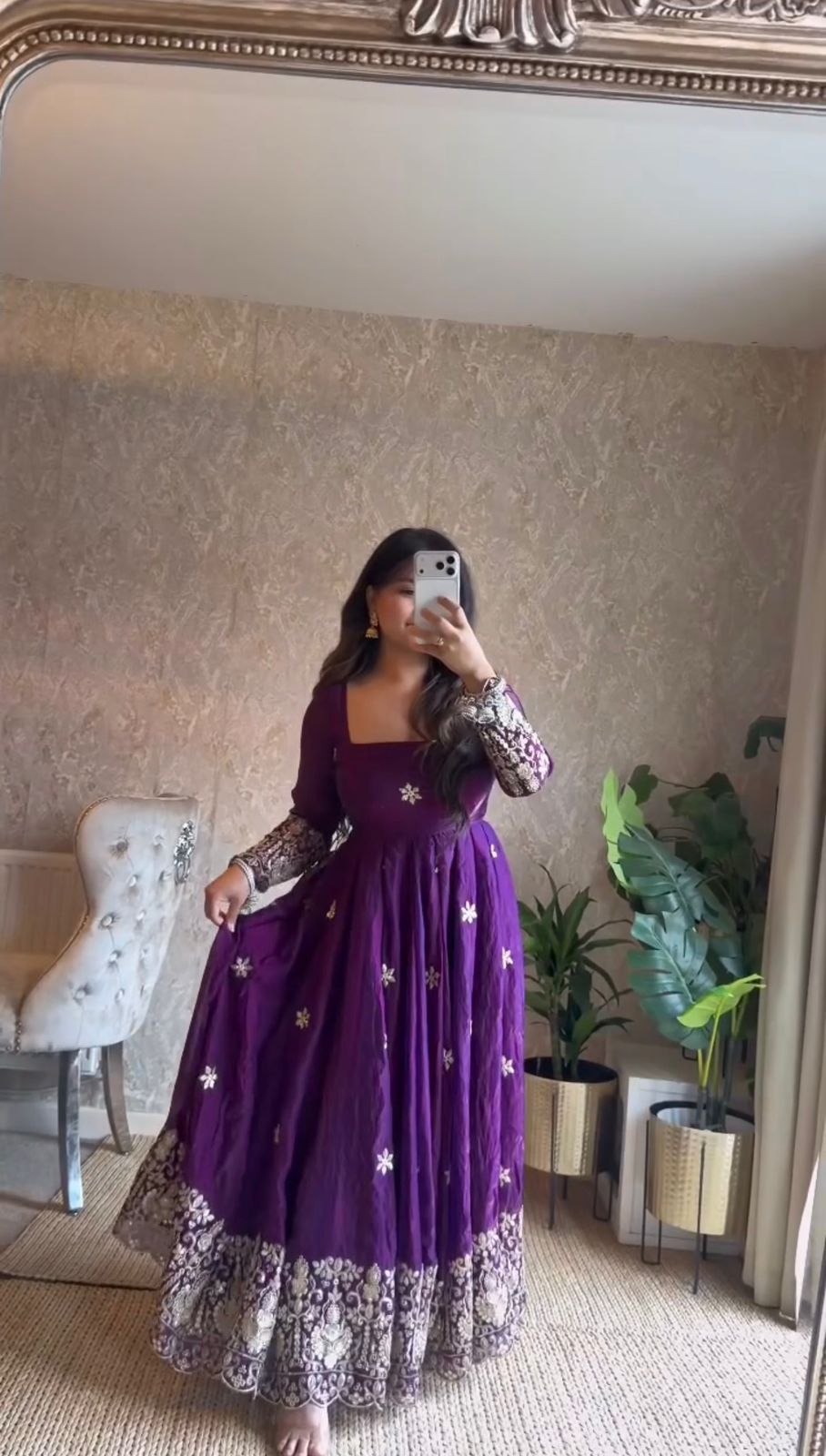 Full-length view of Royal Purple Fendy silk Anarkali suit with cutwork dupatta