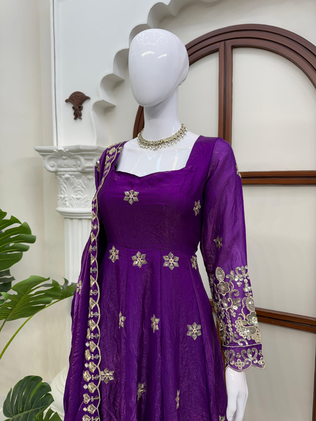 Close-up view of Royal Purple Fendy silk Anarkali suit embroidery and neckline