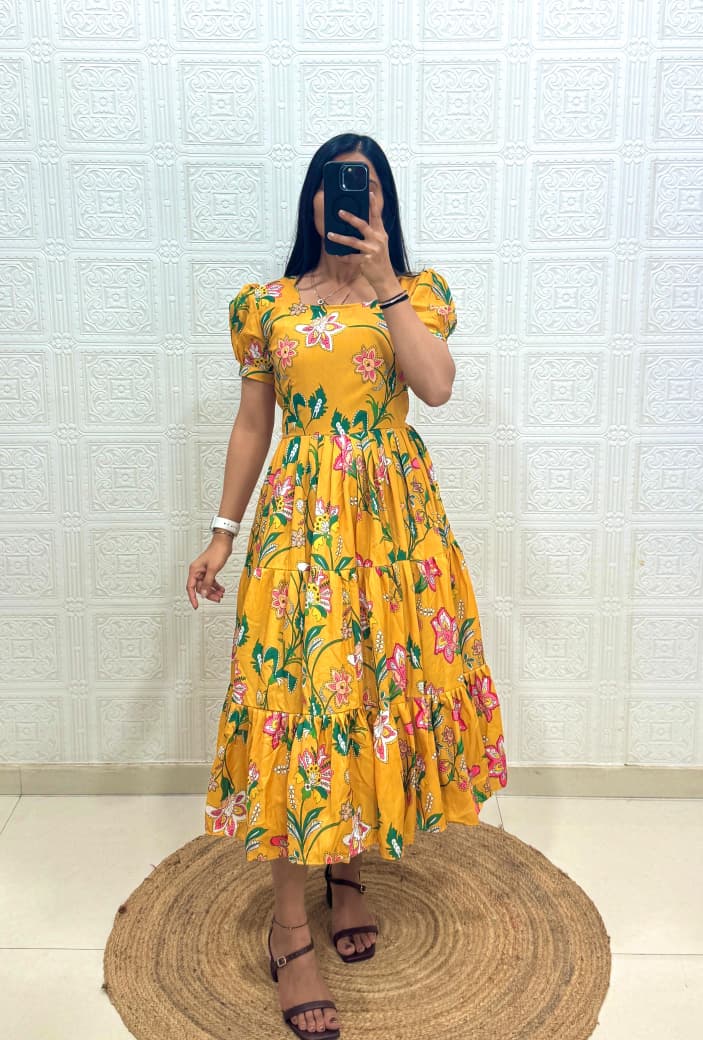 Full length view of Sunshine Yellow Muslin Cotton floral printed 3 Layer maxi dress
