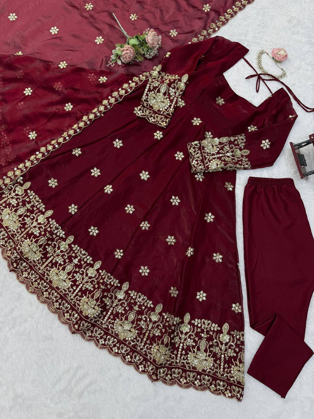 Wine Burgundy Fendy silk embroidered Anarkali suit set flat lay with matching pant and dupatta