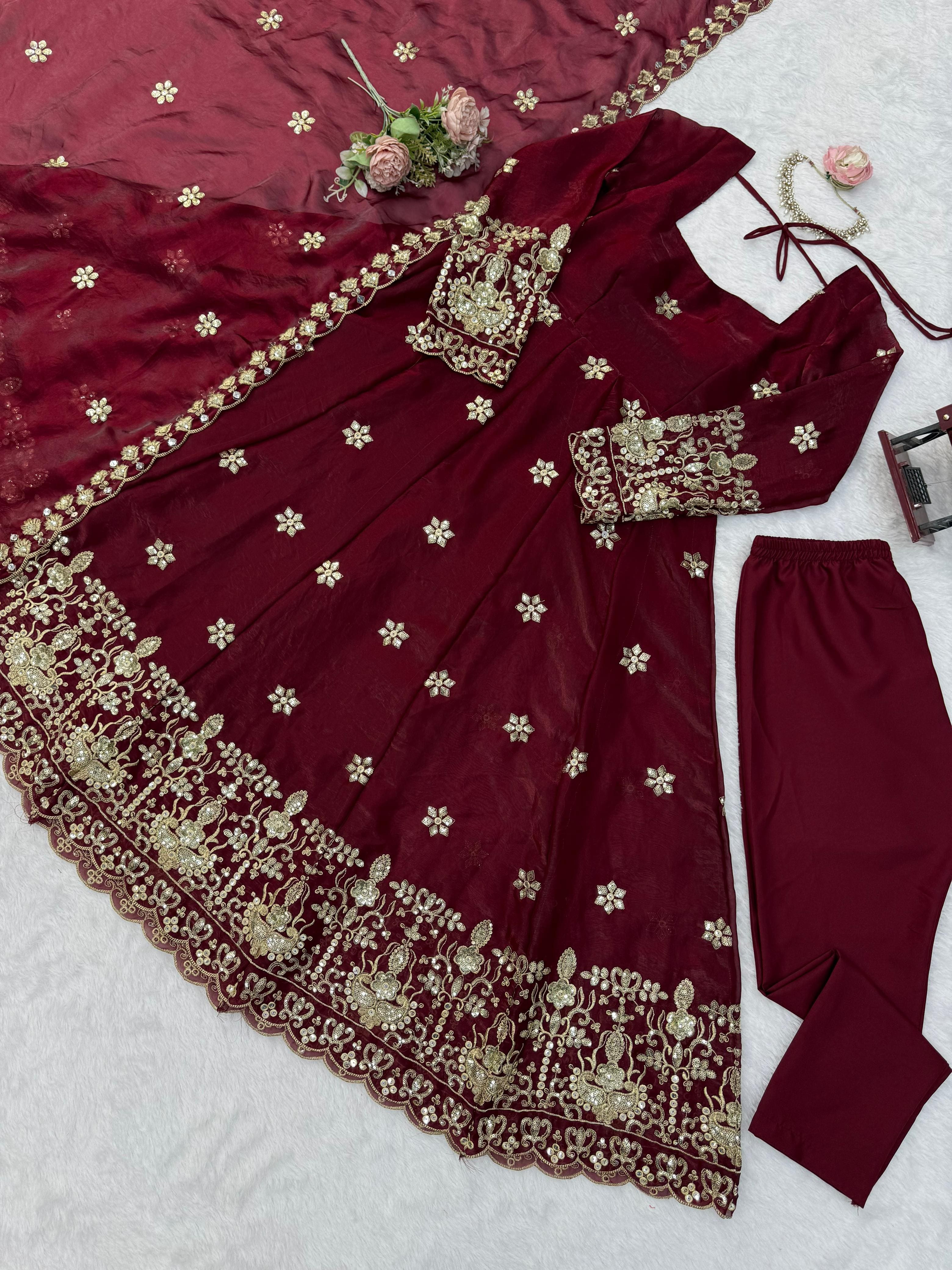 Wine Burgundy Fendy silk embroidered Anarkali suit set flat lay with matching pant and dupatta
