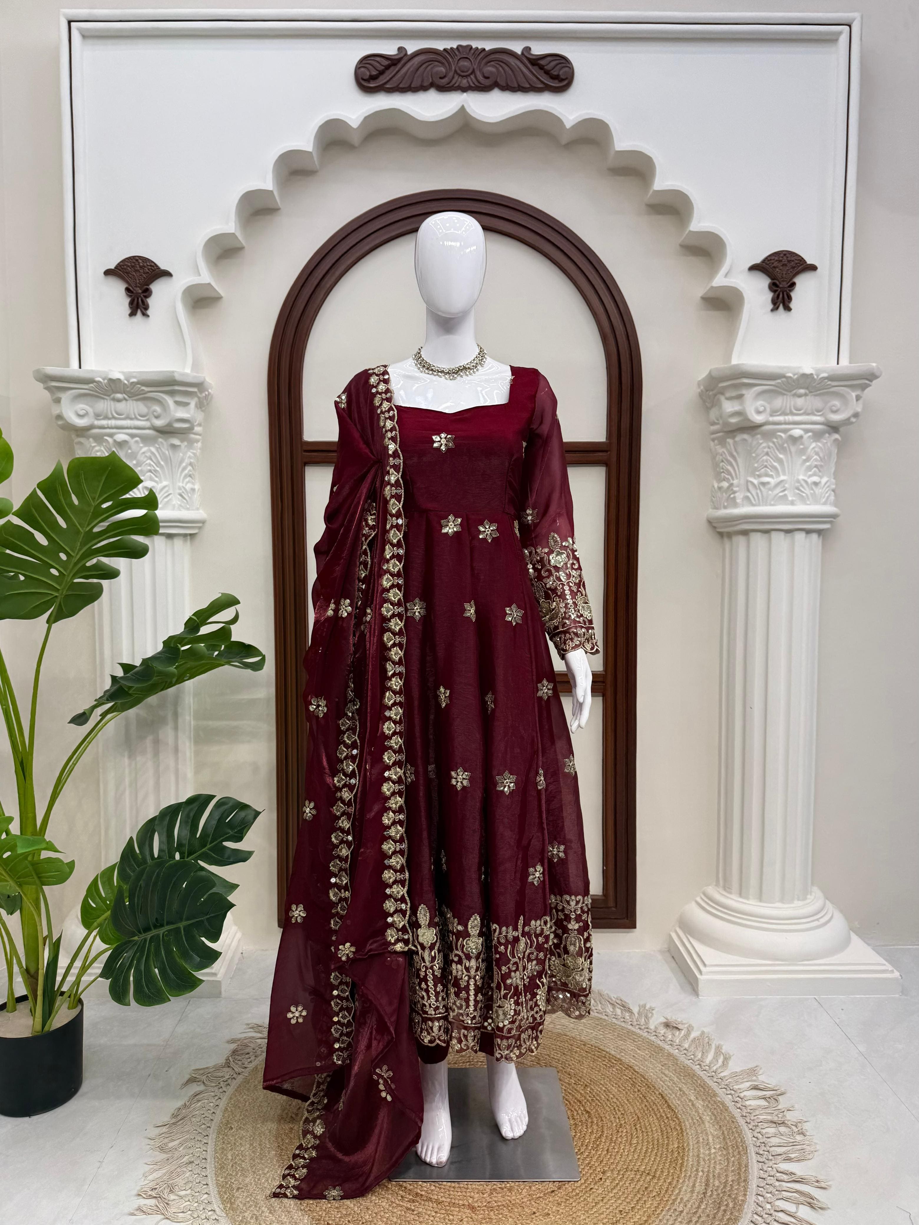 Wine Burgundy embroidered Fendy silk Anarkali suit with matching dupatta on mannequin