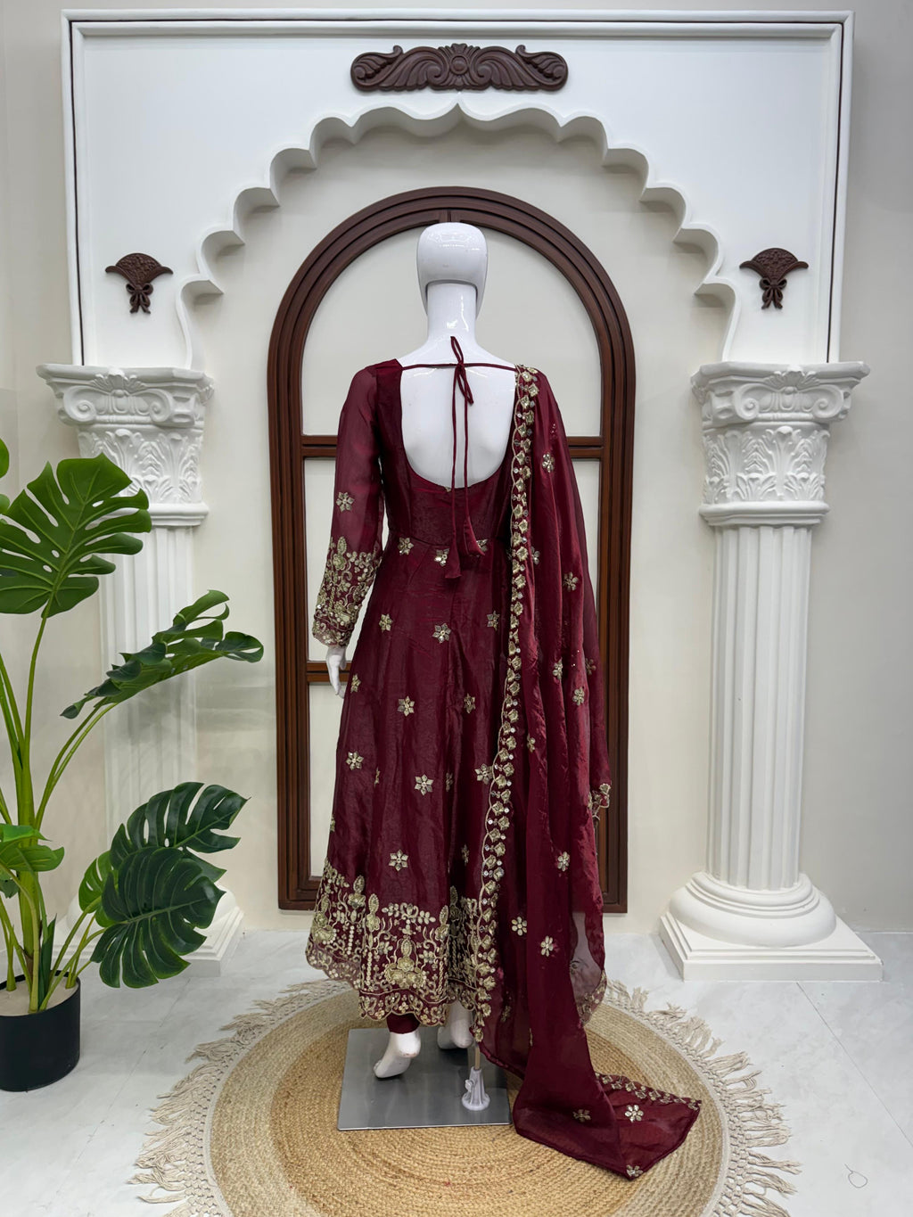 Detailed embroidery work on Wine Burgundy Fendy silk Anarkali suit bodice