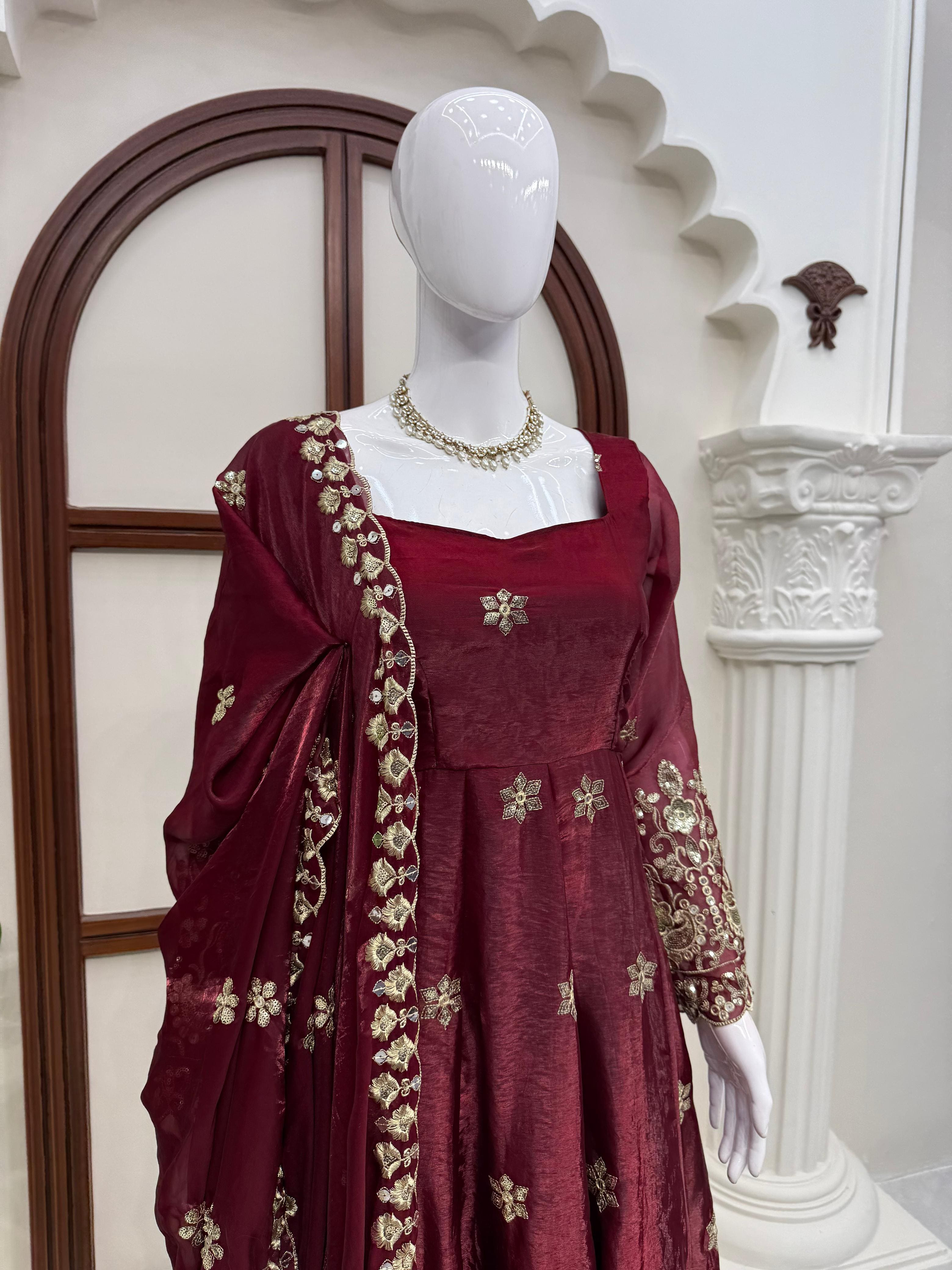 Close-up of Wine Burgundy Fendy silk Anarkali suit showing embroidery and neckline details