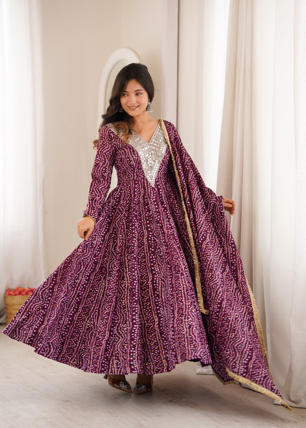 Full length Wine Purple mirror embroidery gown with dupatta