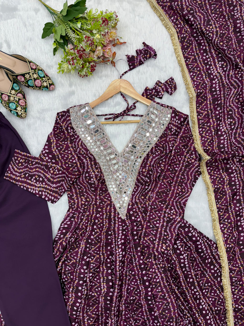Detailed mirror embroidery neckline of Wine Purple gown