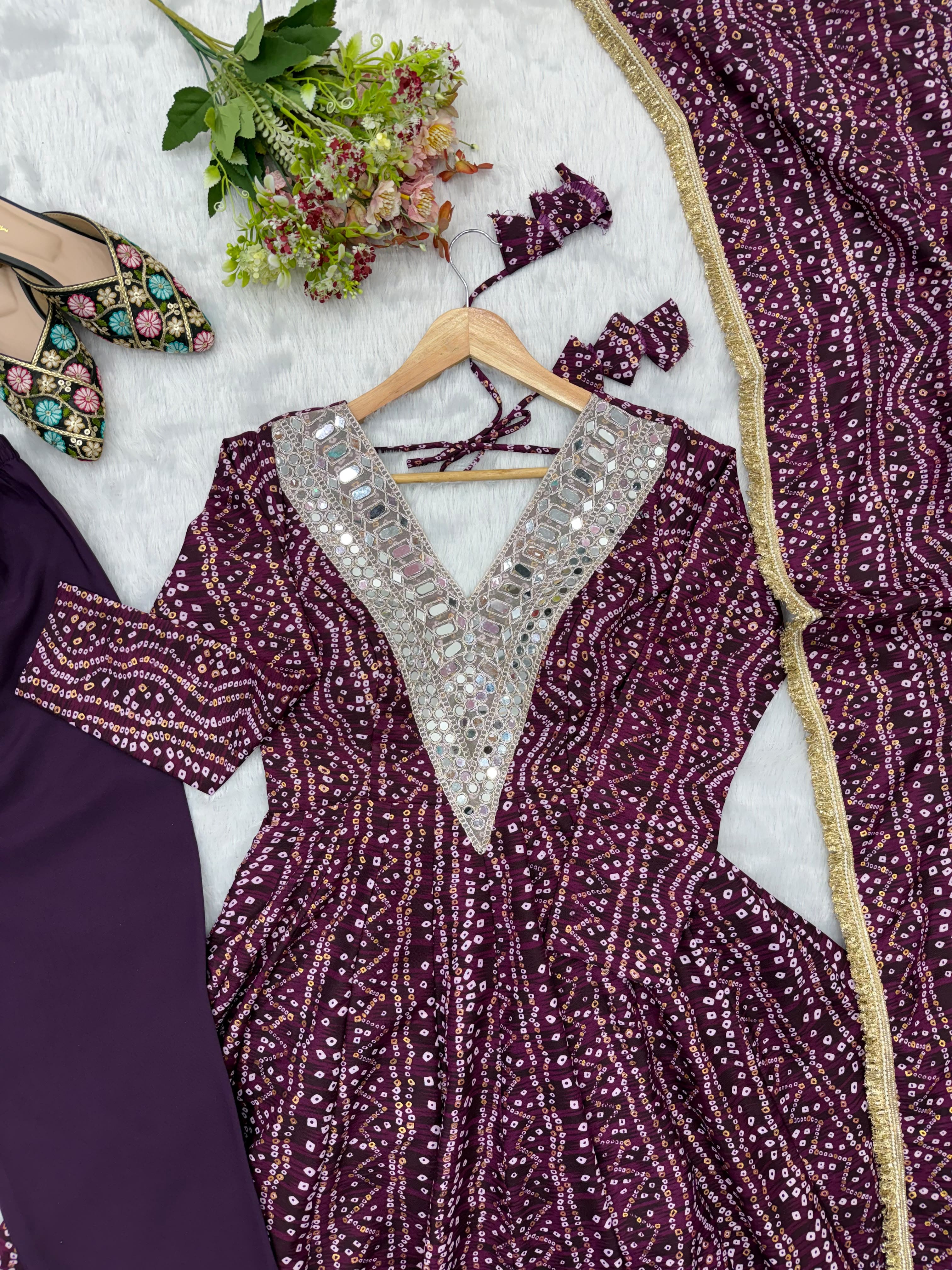Detailed mirror embroidery neckline of Wine Purple gown