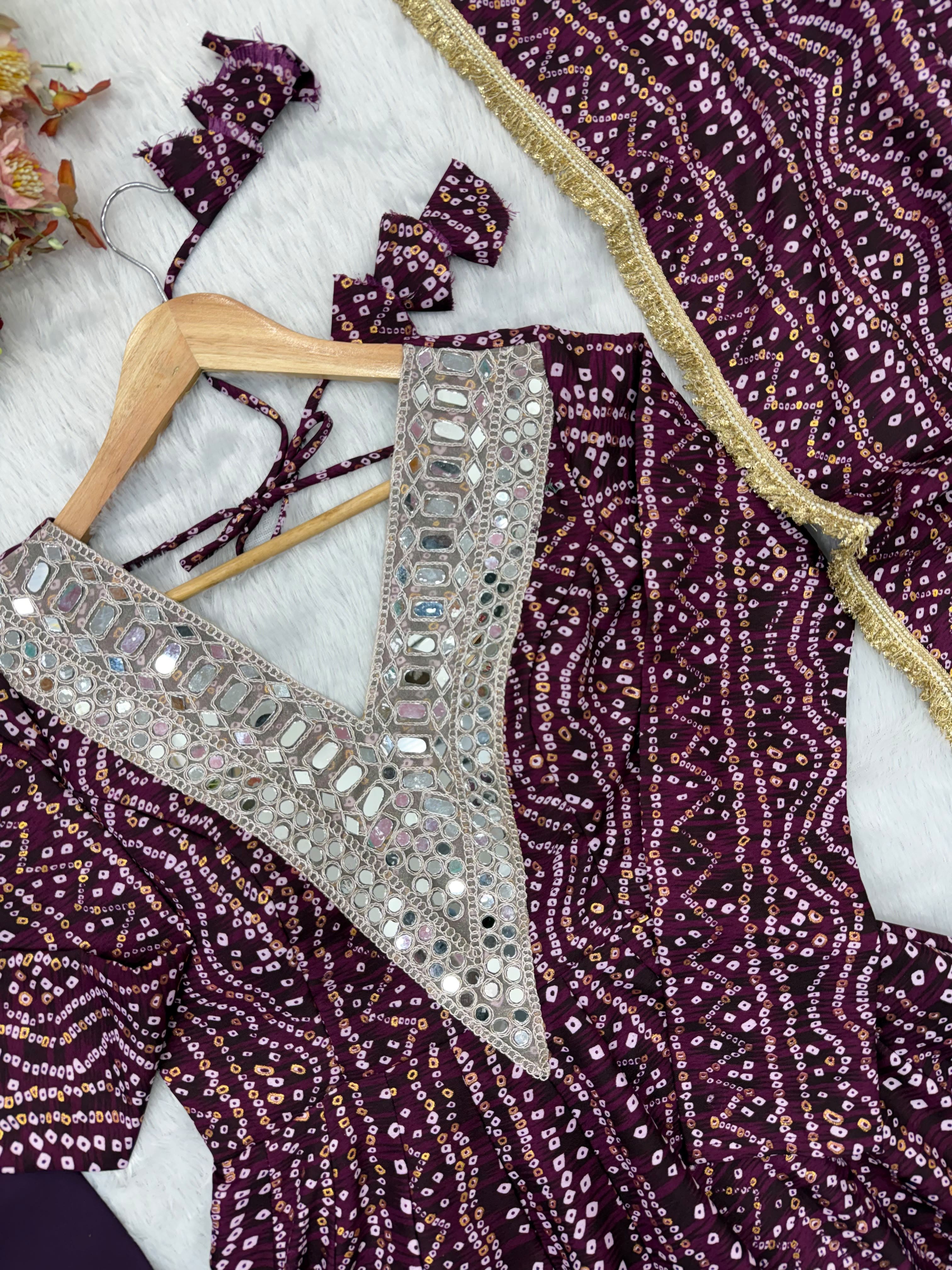 Close-up neckline detail of Wine Purple mirror embroidery gown