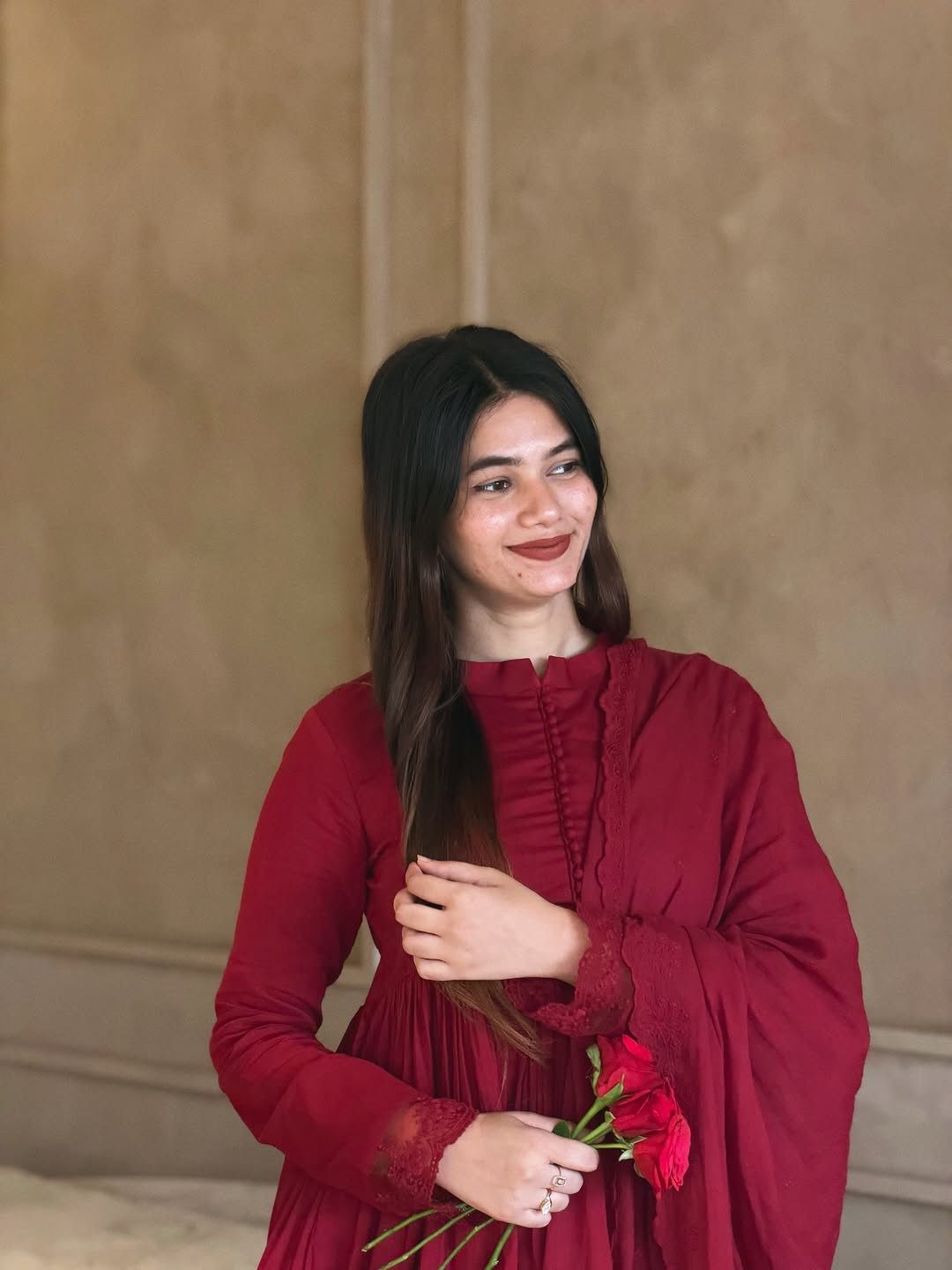 Wine Red Embroidered Roman Silk Gown Neckline and Yoke Detail