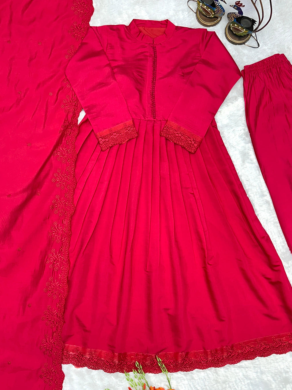 Wine Red Roman Silk Embroidered Gown Flat Lay Full Product View