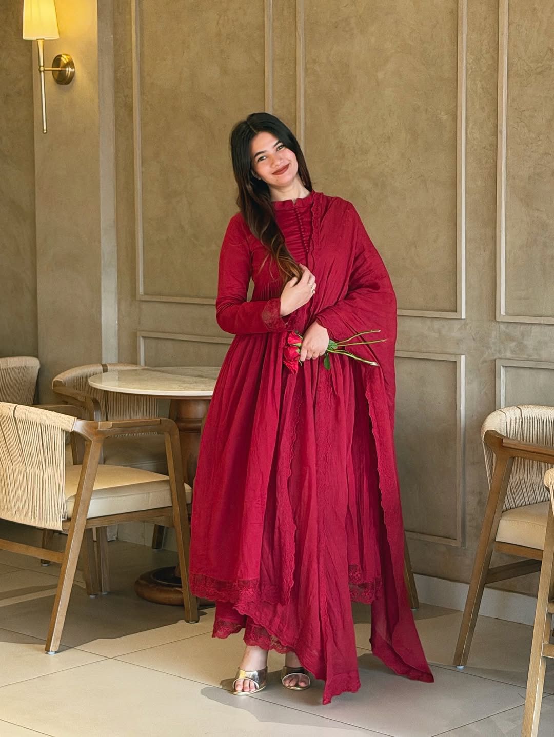 Wine Red Roman Silk Embroidered Gown Front Detail View