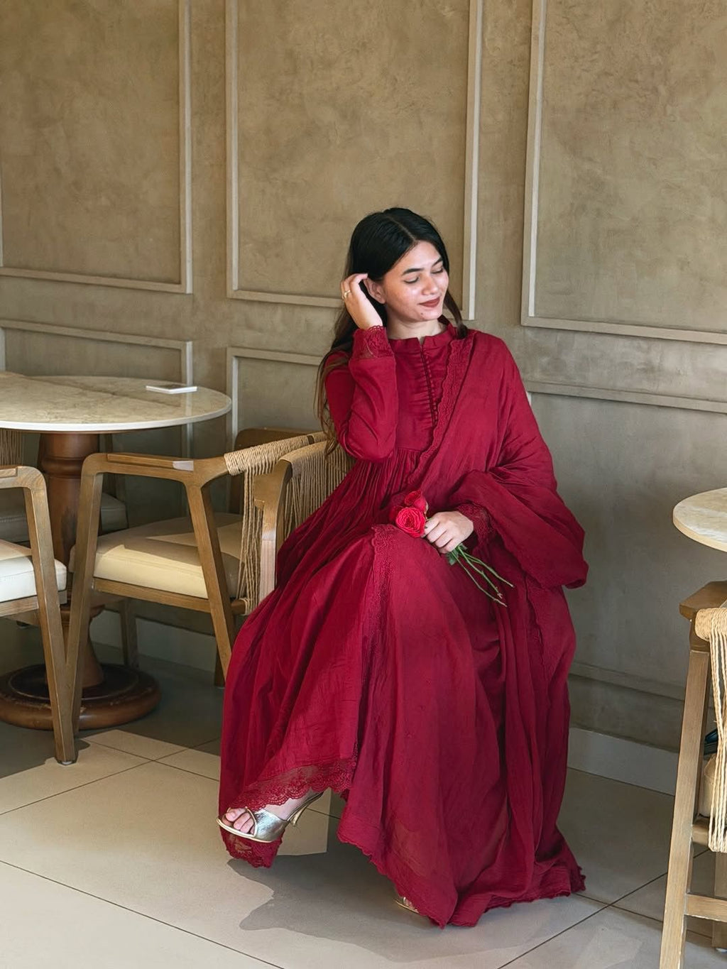 Wine Red Roman Silk Embroidered Gown Seated Model View