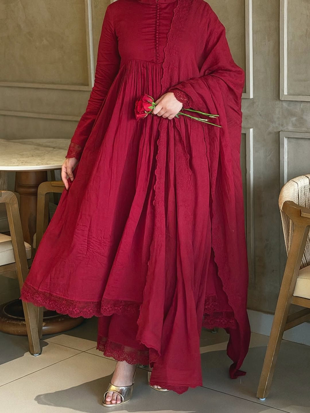 Wine Red Roman Silk Embroidered Gown Full Front View