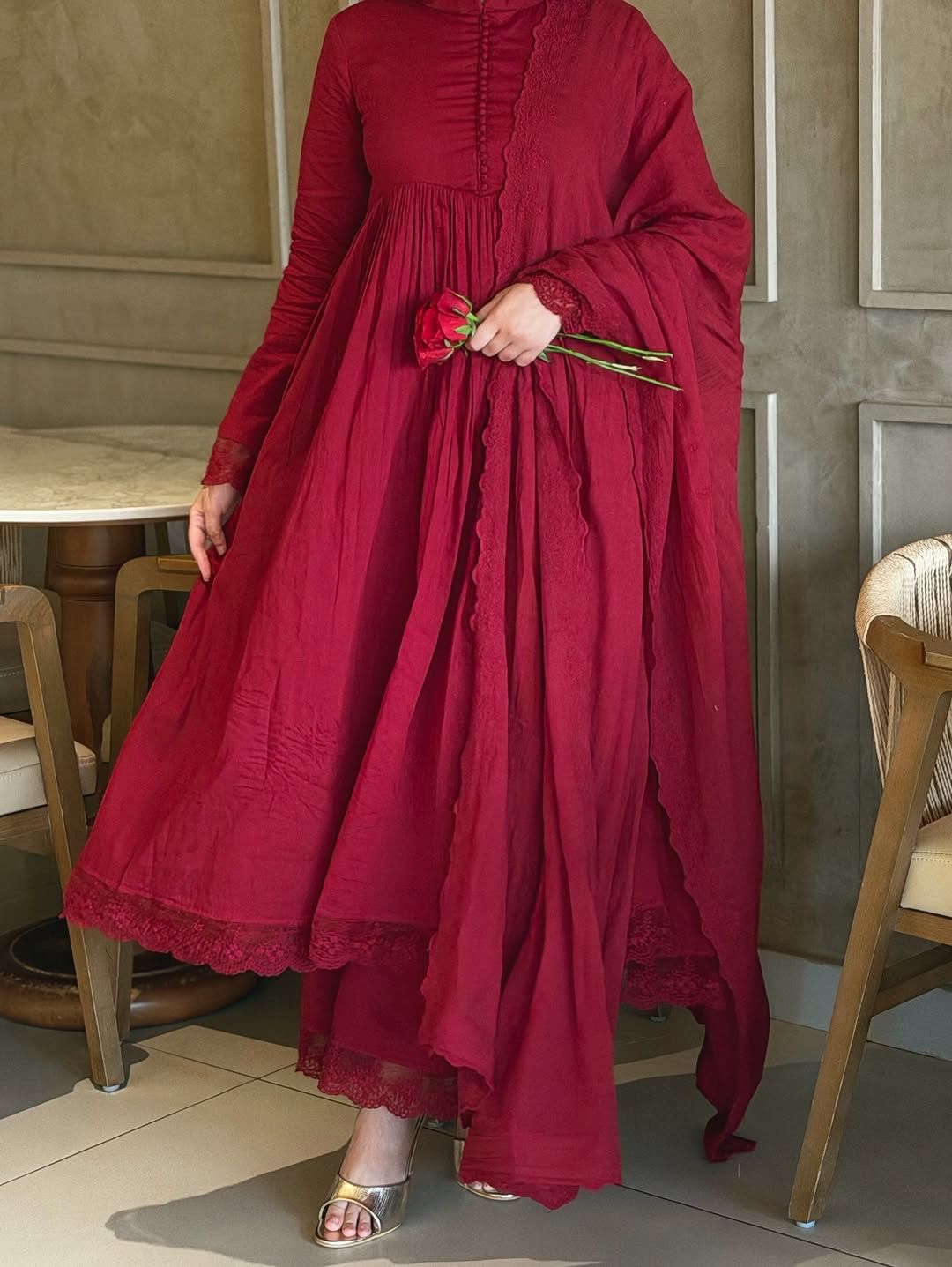 Wine Red Roman Silk Embroidered Gown Full Front View